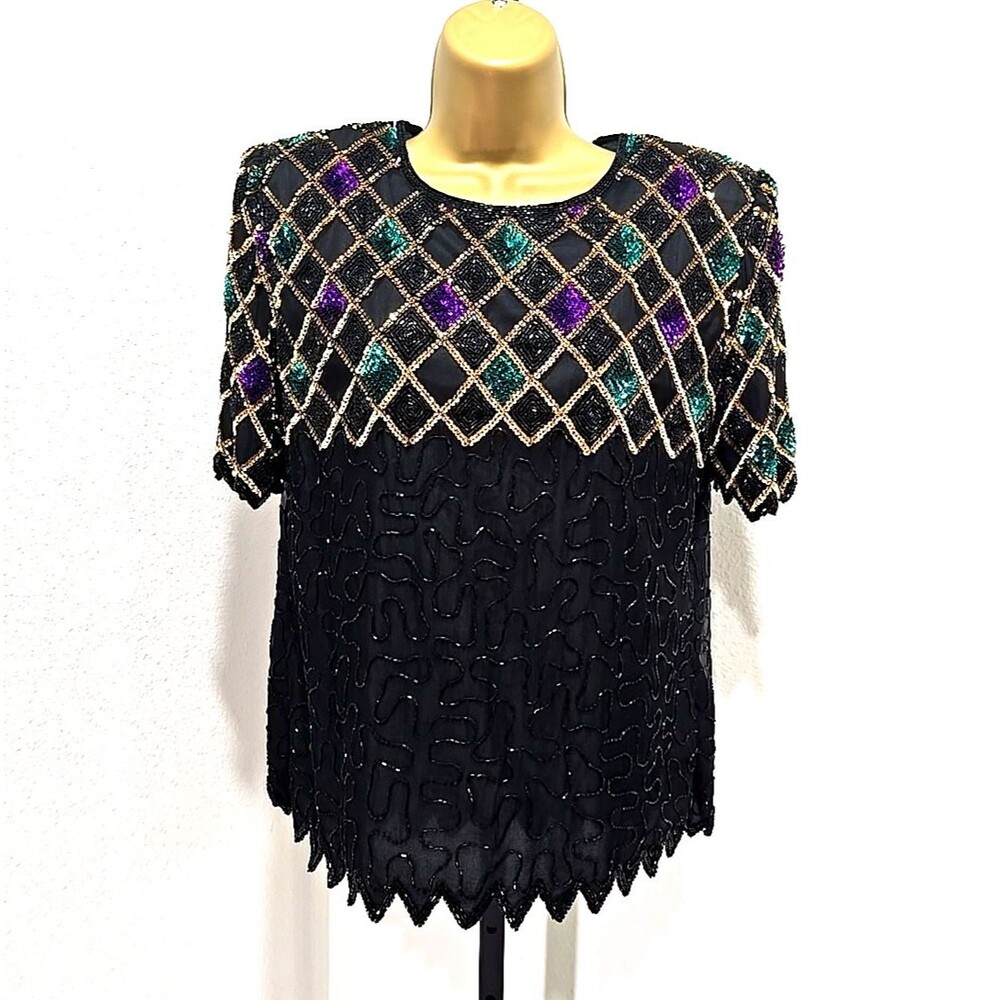 Mark & John By Gopal 100% Silk Sequin Beaded Black Top Medium Maximalist Glam